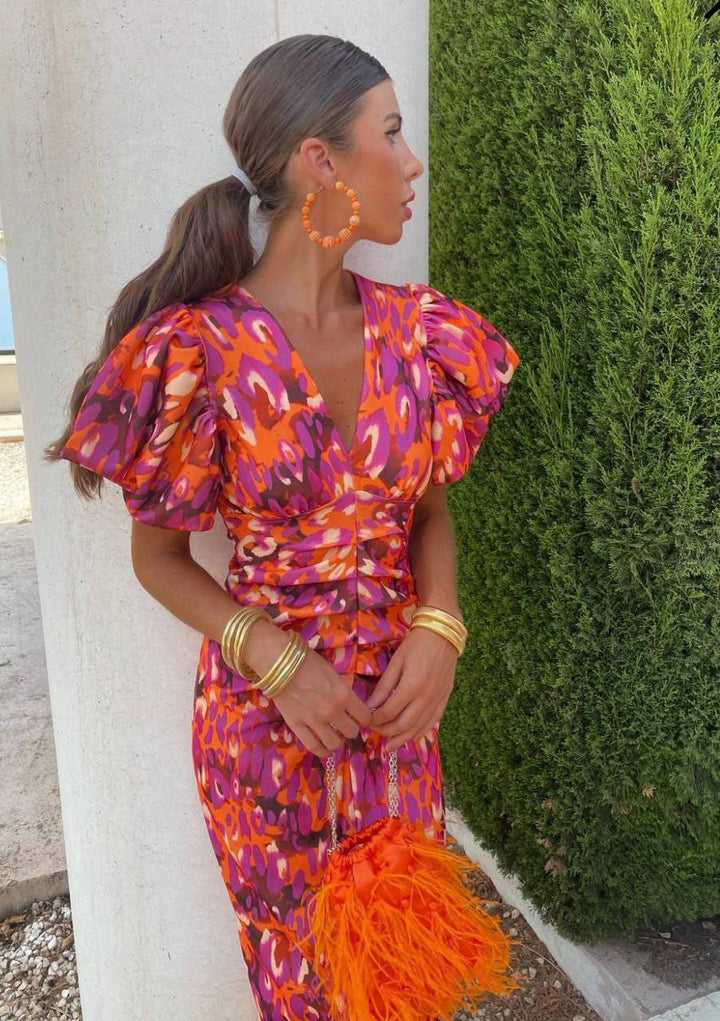 Celine™ | Colourful Midi Dress with Pleated Sleeves