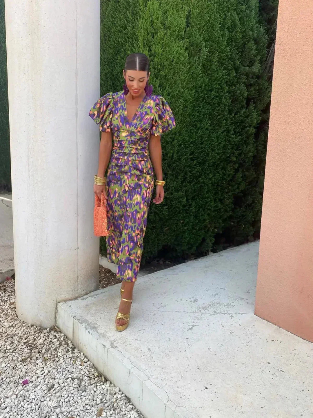 Celine™ | Colourful Midi Dress with Pleated Sleeves