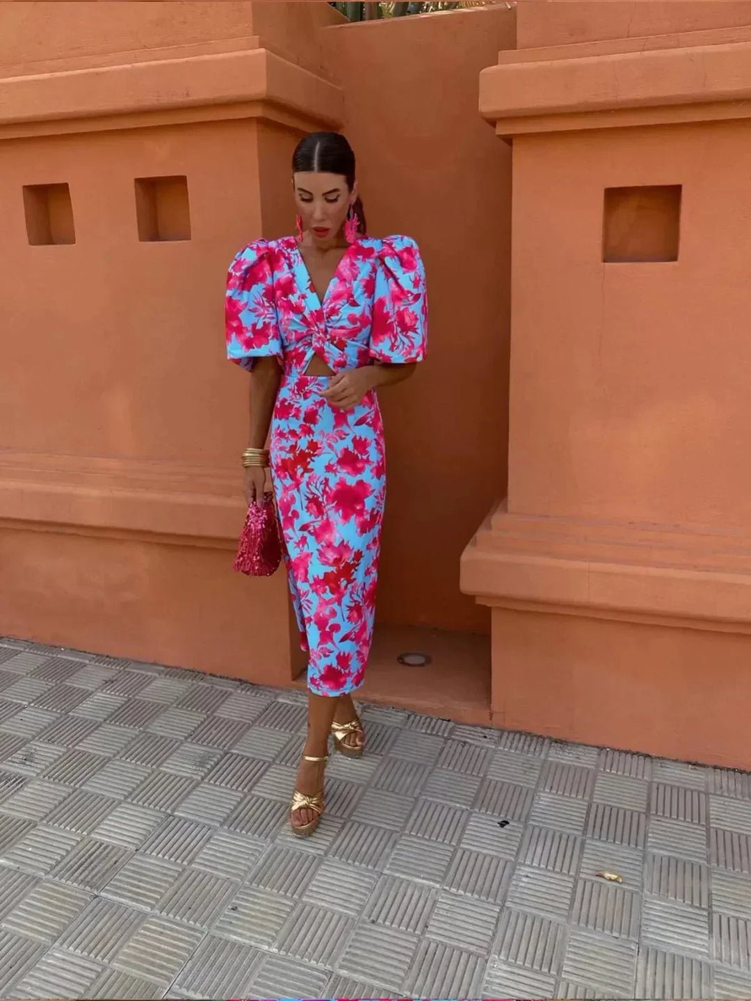 Celine™ | Colourful Midi Dress with Pleated Sleeves